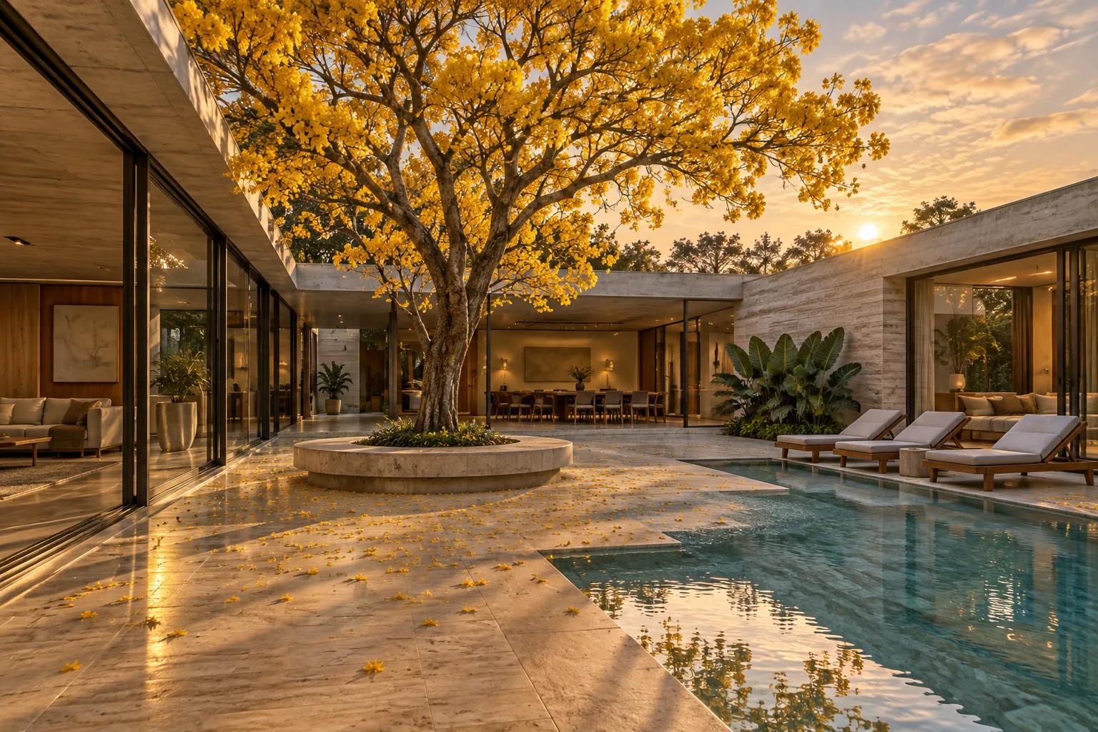 Pátio interno com ipê-amarelo florido e piscina